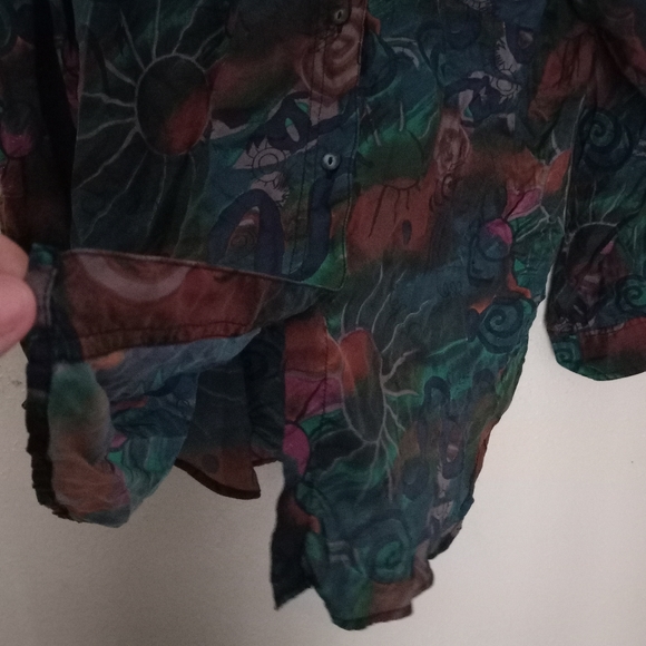 Punch Vintage L Silk Button Down Volcano Sun Pattern Top Blouse Turquoise Tan - Picture 9 of 16